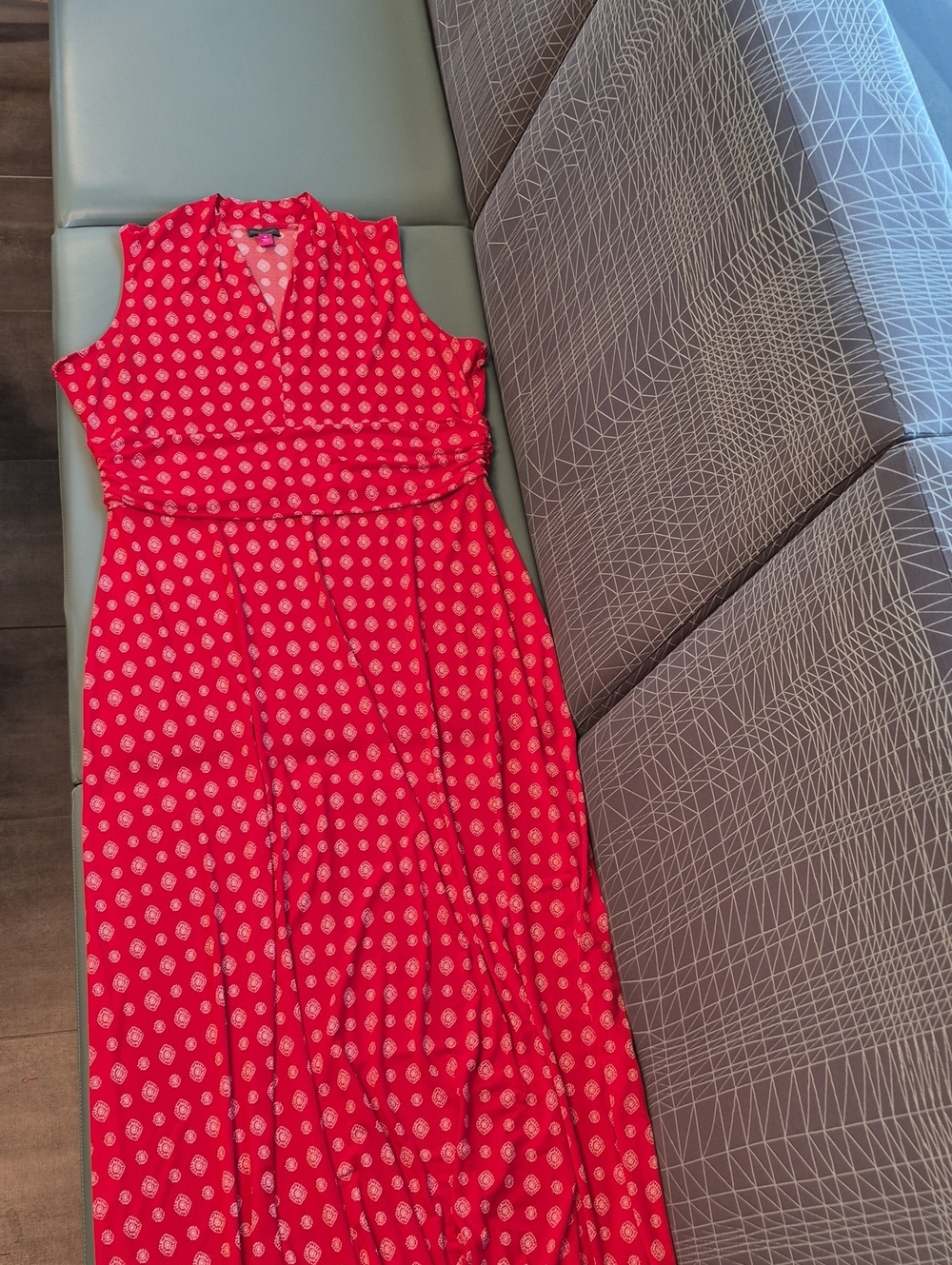 Vince Cumato Red Sleeveless V-Neck Maxi Dress with White Dot Print
